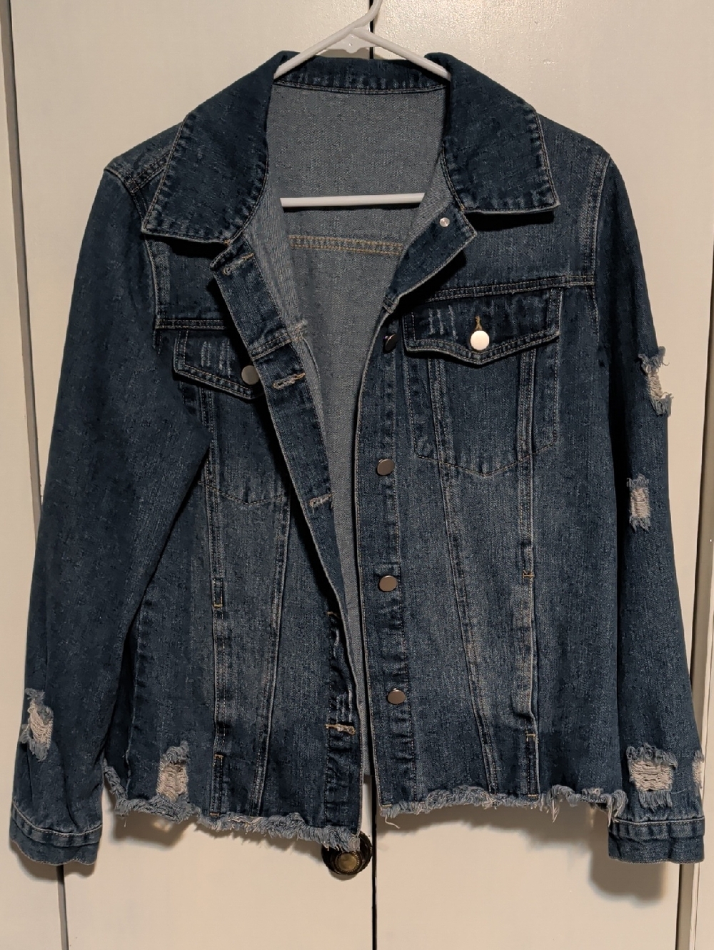 Classic Distressed Dark Blue Denim Jacket - Women